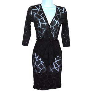 New Laqueen Black Lace Dress Faux Wrap Tie Party Sheer Mesh Stretch NWT Sz S